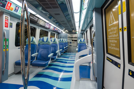 Dubai, UAE - October 2022: Dubai Metro train Gold Class carriage. Dubai Metro is a rapid transit...