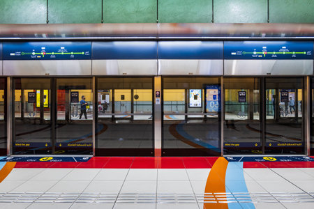 Dubai, UAE - October 2022: Dubai Metro station platform architecture. Dubai Metro is a rapid transit...