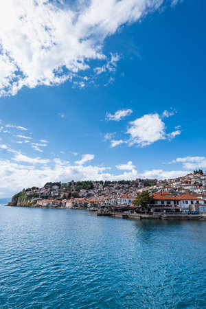 view of Ohrid Lake, city of Ohrid. Ohrid is a Macedonian resort and famous tourist destination under...