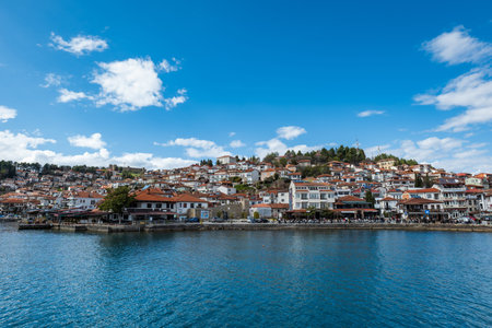 view of Ohrid Lake, city of Ohrid. Ohrid is a Macedonian resort and famous tourist destination under...