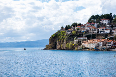 view of Ohrid Lake, city of Ohrid. Ohrid is a Macedonian resort and famous tourist destination under...