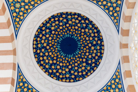 Istanbul, Turkey - March 2023: Mosque dome ceiling decorations inside Camlica mosque, Istanbul,...