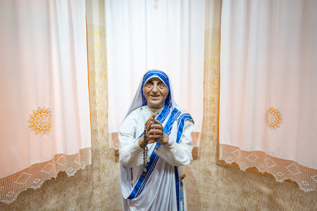 Skopje, Macedonia - 05.05.2023: Mother Teresa wax statue in the Memorial House of Mother Teresa in...