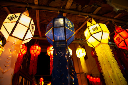 Chinese or Asian lanterns decorations in night at temple. Lighting decorations for lantern festivals...