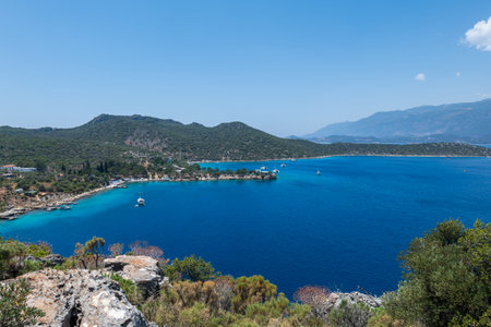 Beautiful coastline landscape of the Mediterranean Sea in Turkey, Kas. Aerial view of turquoise...