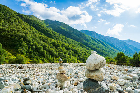 Hiking landscape with mountains and river on the adventure hiking route near Mestia village in...
