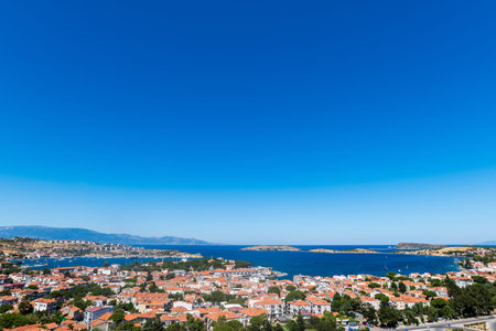 Eski Foca aerial drone view, a popular resort on the Aegean coast in Izmir, Turkey