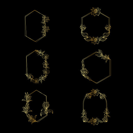 Gold floral frames on black background. Vector illustration for your design.のイラスト素材