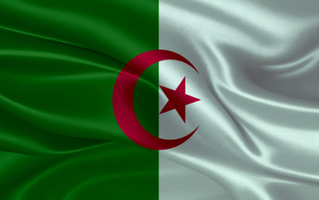 3d waving realistic silk national flag of Algeria. Happy national day Algeria flag background. close upの写真素材