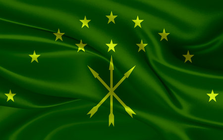 3d waving realistic silk national flag of Republic of Adygea. Happy national day Republic of Adygea flag background. close upの写真素材
