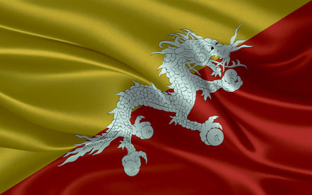 3d waving realistic silk national flag of Bhutan. Happy national day Bhutan flag background. close upの写真素材