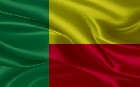 3d waving realistic silk national flag of Republic of Benin. Happy national day Republic of Benin flag background. close upの写真素材