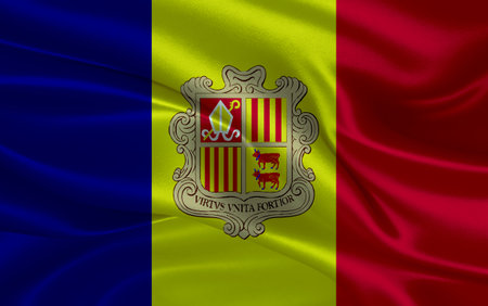 3d waving realistic silk national flag of Andorra. Happy national day Andorra flag background. close upの写真素材