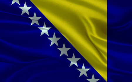 3d waving realistic silk national flag of Bosnia and Herzegovina. Happy national day Bosnia and Herzegovina flag background. close upの写真素材