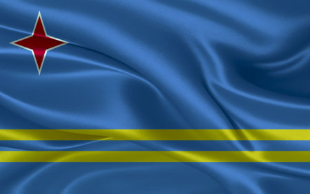 3d waving realistic silk national flag of Aruba. Happy national day Aruba flag background. close upの写真素材