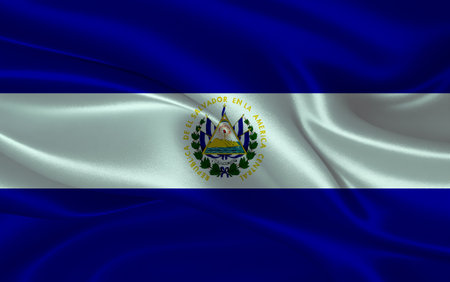 3d waving realistic silk national flag of El Salvador. Happy national day El Salvador flag background. close upの写真素材