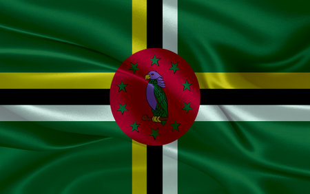 3d waving realistic silk national flag of Dominica. Happy national day Dominica flag background. close upの写真素材