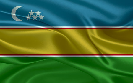 3d waving realistic silk national flag of Karakalpakstan. Happy national day Karakalpakstan flag background. close upの写真素材