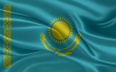 3d waving realistic silk national flag of Kazakhstan. Happy national day Kazakhstan flag background. close upの写真素材