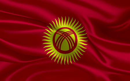 3d waving realistic silk national flag of Kyrgyzstan. Happy national day Kyrgyzstan flag background. close upの写真素材