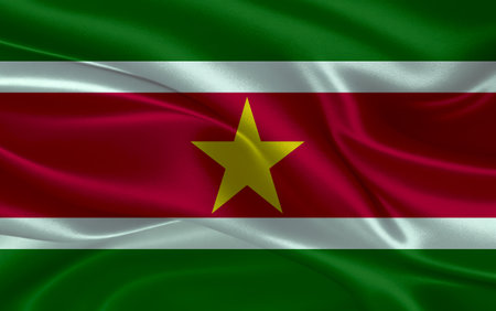 3d waving realistic silk national flag of Suriname. Happy national day Suriname flag background. close upの写真素材