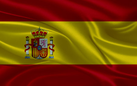 3d waving realistic silk national flag of Spain. Happy national day Spain flag background. close upの写真素材