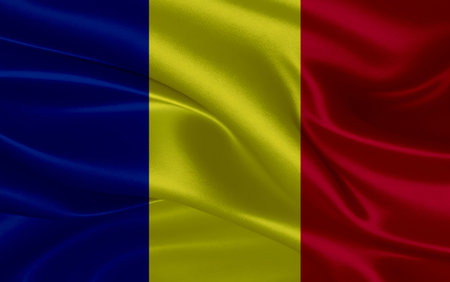 3d waving realistic silk national flag of Romania. Happy national day Romania flag background. close upの写真素材