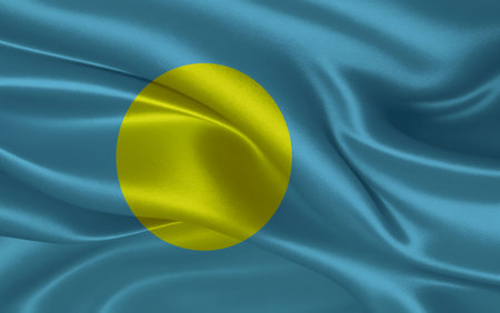 3d waving realistic silk national flag of Palau. Happy national day Palau flag background. close upの写真素材