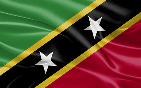 3d waving realistic silk national flag of saint kitts and nevis. Happy national day saint kitts and nevis flag background. close upの写真素材