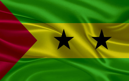 3d waving realistic silk national flag of Sao Tome and Principe. Happy national day Sao Tome and Principe flag background. close upの写真素材