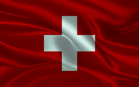 3d waving realistic silk national flag of Switzerland. Happy national day Switzerland flag background. close upの写真素材