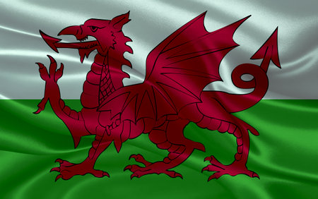 3d waving realistic silk national flag of Wales. Happy national day Wales flag background. close upの写真素材