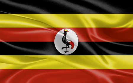 3d waving realistic silk national flag of Uganda. Happy national day Uganda flag background. close upの写真素材