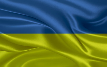 3d waving realistic silk national flag of Ukraine. Happy national day Ukraine flag background. close upの写真素材