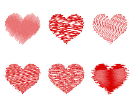 Set of vector hearts. Red hand drawn vector heart shapesのイラスト素材