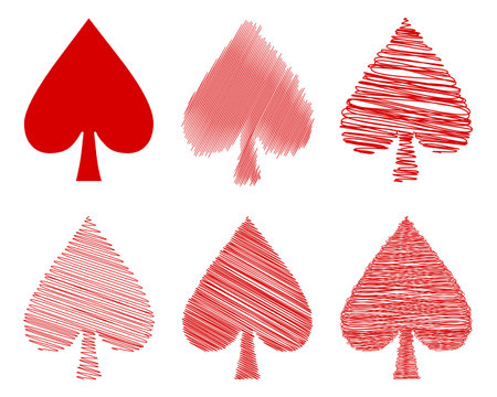 Set of red spade vector shapes. Red Hand drawn spade vector illustration. Poker card game vectorのイラスト素材