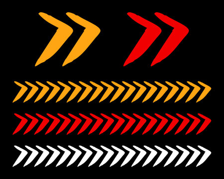 Set of red and yellow arrow signs, abstract arrow, chevron. Arrow Design, Striped direction, vector illustrationのイラスト素材
