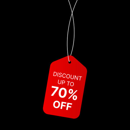 Discount Price tag, 70% off discount price offer tag. Super sale discount banner. Red sale backgroundのイラスト素材