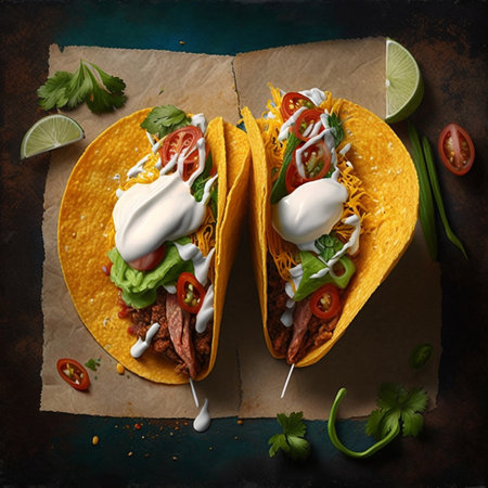 Tacos are a Mexican dish consisting of a tortilla filled with various ingredients. Made by AIの素材