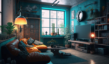 The interior of the living room in the apartment transformed into a cyberpunk AIの素材