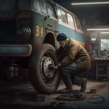 A mechanic changes a car wheel at a service station Aiの素材