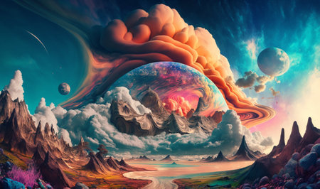 The Earth looks surreal with swirling clouds and colorful landscapes. AIの素材