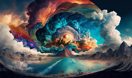 The Earth looks surreal with swirling clouds and colorful landscapes. AIの素材