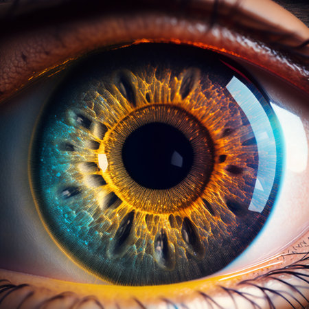 A extreme close-up of a human eye, magnified and displaying stunning colors. AIの素材