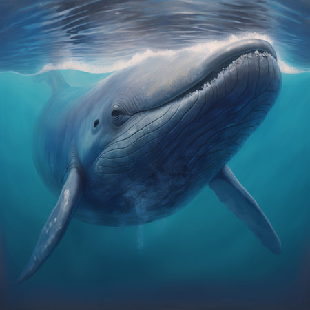 A close-up view of a blue whale swimming in the ocean. AIの素材