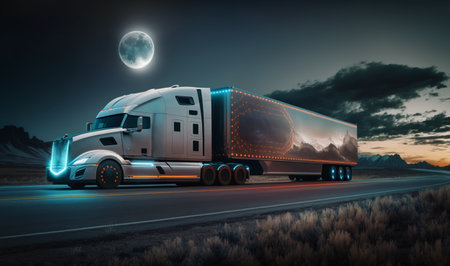 A self-driving big truck with a trailer carrying goods is moving on the road during the night. Aiの素材