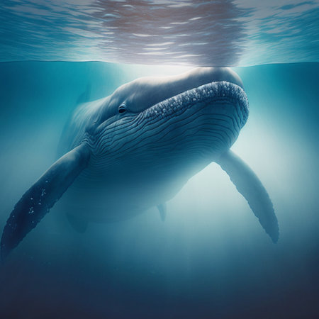 A close-up view of a blue whale swimming in the ocean. AIの素材