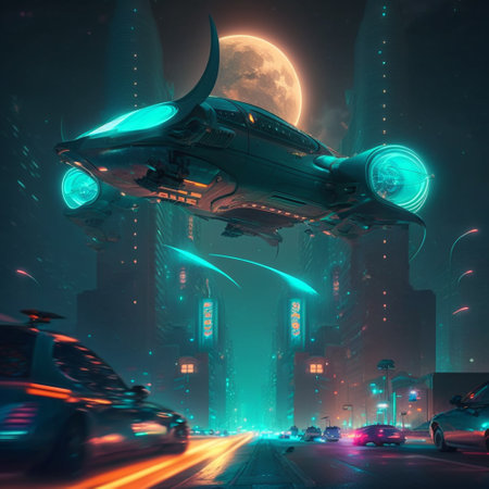 Futuristic cityscape, flying cars dart through the night, with neon lights shimmering in the air. AIの素材