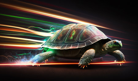 A turtle with a laser speed and a motion light trail. Generated By AI.の素材