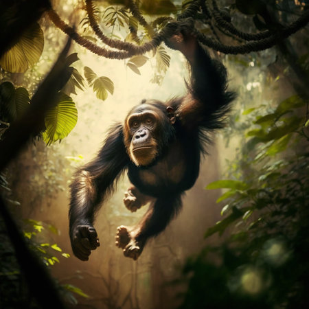 A chimpanzee swings through the jungle. AIの素材